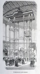 De mechanische lift van ingenieur Edoux op de wereldtentoonstelling van 1867 - gravure door Unknown artist