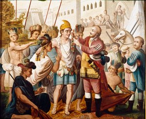 De ontmoeting tussen Hernan Cortes en de Azteekse koning Montezuma in november 1519 door Unknown artist