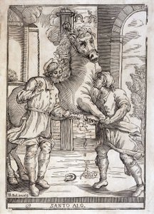 Het wonder van Sint Eloi (genezing van een geamputeerd paard) - gravure door Unknown artist
