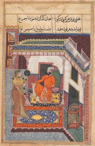 De papegaai lacht als hij de vrouw van de Raja van Ujjain haar schoonheid in een spiegel hoort bewonderen, uit een Tuti-nama (Verhalen van een Papegaai): Zesenveertigste Nacht door Unknown artist