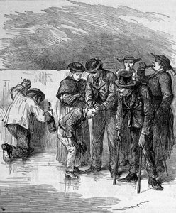 De pelgrims drinken het wonderbaarlijke water van Lourdes in de Hoge Pyreneeën waar de Maagd verscheen aan Bernadette Soubirous in 1858, huidige bedevaartplaats. Gravure uit 1877