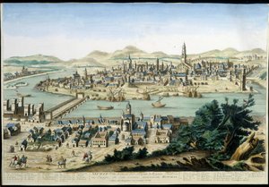 De haven en stad Sevilla - gravure uit de 18e eeuw. door Unknown artist