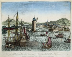 De haven van Havana en de omliggende scheepvaart - gravure door Unknown artist