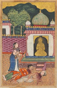 De prinses ontdekt de dode lichamen, met afgehakte hoofden, van haar man en zijn Brahmaanse vriend, uit een Tuti-nama (Verhalen van een Papegaai): Vierendertigste Nacht door Unknown artist