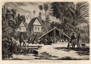 De productie van aardewerk in Saniaboury (Laos). Gravure ter illustratie van de ontdekkingsreis in Indochina, door Francis Garnier, luitenant de Vaissseau, in 1866-1868, gepubliceerd in 