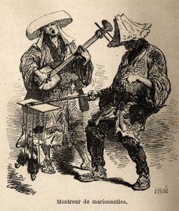 De poppenshow en de muzikant die hem begeleidt voor straatentertainment. Gravure ter illustratie van de reis naar Japan, door Aime Humbert, minister van de Zwitserse Confederatie, in 1863-1864, gepubliceerd in 