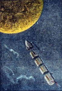 De raket gelanceerd in de ruimte die aankomt op de maan - gravure in “Van de aarde naar de maan” door Jules Verne