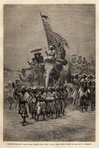 De koninklijke banier, in de sowari (militaire processie), in Baroda (of Vadodara), staat Gujarat aan de noordoostkust van India. Gravure ter illustratie van de reis in India van de Rajahs, door Louis Rousselet, in 1864-1868, gepubliceerd in 