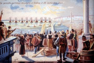 Het tweede vertrek van Christoffel Columbus uit Cadiz op 25/09/1493.