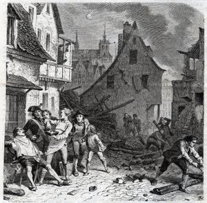 De scheerkom van Lille. Een episode uit het Beleg van Lille in 1792 tijdens de Franse Revolutionaire Oorlogen - Le siège de Lille en octobre 1792 - Révolution française - Bombardement door Oostenrijkers en Pruisen - Barbier gebruikt een halve bom als schee door Unknown artist