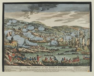 De inname van het eiland Frankrijk (Mauritius), 2 december 1810 (houtsnede, gekleurd)