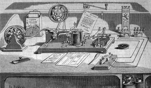 De telegraaf uitgevonden door de Amerikaanse uitvinder Samuel Finley Breese Morse. Gravure uit de 19e eeuw