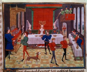 Het huwelijksbanket van Clarisse, dochter van koning Yvon van Gascogne en Renaud. Miniatuur uit het manuscript 