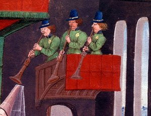 Het huwelijksbanket van Clarisse, dochter van koning Yvon van Gascogne en Renaud (detail). Miniatuur uit het manuscript 