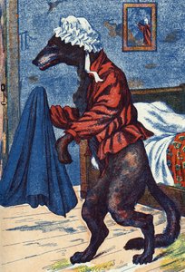 De wolf trekt de kleren van grootmoeder aan. Anonieme illustratie voor 