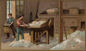 De wolindustrie: dorsen. Chromolithografie uit het einde van de 19e eeuw door Unknown artist