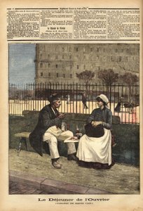 De lunch van de arbeiders, reproductie van het schilderij door Henri Cain (1859-1930), schilder en toneelschrijver. Gravure in 