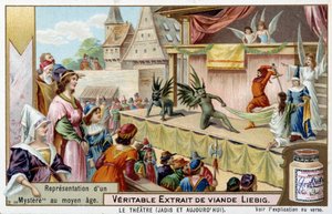 Theater: voorstelling van een mysterie in de Middeleeuwen - Liebig chromolithografie door Unknown artist