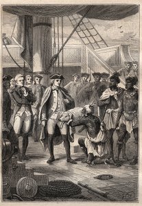 Derde reis (1776-1779) door Kapitein James Cook (1728-1779): Priester Koah biedt een klein varken aan Cook aan boord van het schip Resolution (Hawaï) - illustratie uit 