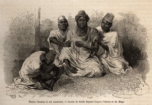 Tierno Ousman, van de Toucouleur-stam, hoofd van het dorp Guemmou Koura (Mali), met een islamitische rozenkrans met grote korrels, reciteert zijn gebeden, terwijl zijn masseurs zijn rug en benen masseren. Gravure ter illustratie van de reis naar West-Soeda door Unknown artist