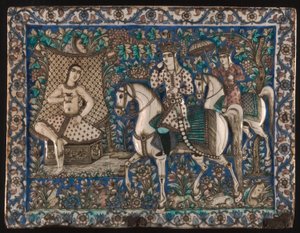 Tegel met afbeelding van Khusrau die Shirin ziet baden