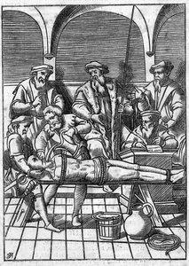 Marteling in de Middeleeuwen: de waterkwestie. Vastgebonden met touwen, wordt water op een doek gegoten die in de keel wordt geduwd. Gravure uit de 18e eeuw naar een gravure uit de Middeleeuwen.