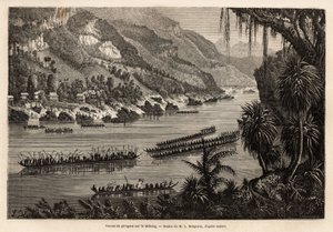 Traditionele kanorace op de Mekong-rivier, georganiseerd elk jaar aan het einde van het regenseizoen, als een prestigieuze competitie tussen de nabijgelegen vissers- en landbouwdorpen. Gravure ter illustratie van de ontdekkingsreis in Indochina, door Fran door Unknown artist