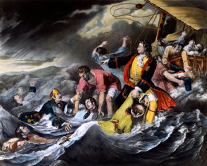 Tsaar Peter I de Grote redt soldaten van verdrinking tijdens een storm door Unknown artist