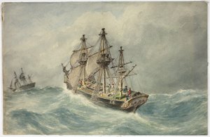 Twee driemasters op stormachtige zee