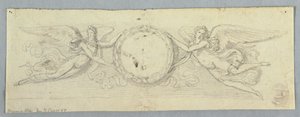 Twee gevleugelde genieën met lauwerkrans door Unknown artist