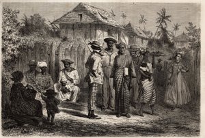 Typen van inheemse Cayenne (Frans-Guyana), vrouwen gekleed in een knoopjurk van madras en gekleed met kleurrijke tulbanden, de mannen hebben het westerse kostuum overgenomen. Gravure om de reis in Frans-Guyana in 1862-1863 te illustreren, door Frederic Bou door Unknown artist