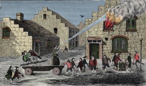 Gebruik van een brandpomp om een brand te blussen. Gravure uit 1733 door Unknown artist