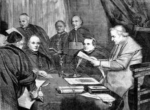 Eerste Vaticaans Concilie. Paus Pius IX omringd door leden van de Raad van Bestuur van het Concilie. 1869