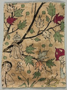 Fluwelen fragment, Khusrau ziet Shirin baden door Unknown artist