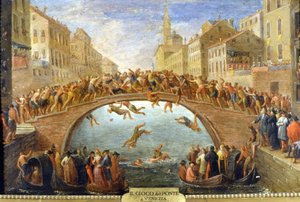 Venetië, het spel van de brug (anoniem schilderij 18e eeuw, privécollectie) door Unknown artist
