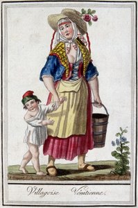 Venetiaans dorp met haar zoon. 18e-eeuwse gravure