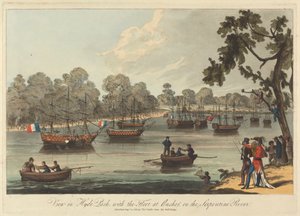 Uitzicht in Hyde Park, met de vloot voor anker op de Serpentine River, 12 augustus 1814 door Unknown artist