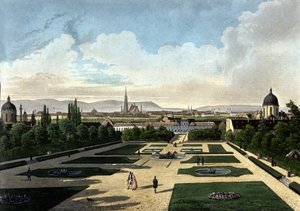 Uitzicht op het Belvedere van Wenen, Oostenrijks barokpaleis gebouwd door Eugene de Savoye. Lithografie uit de 19e eeuw door Unknown artist