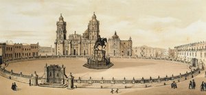 Uitzicht op het Zocalo-plein en de kathedraal in Mexico-Stad, Mexico Eind 19e eeuw Lithografie door Unknown artist