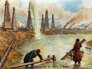 Uitzicht op oliebronnen in Bakoe, Azerbeidzjan. Chromolithografie van circa 1890 door Unknown artist