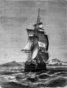 Gezicht op de Oostenrijkse fregat Novara voor het eiland St. Paul in de Indische Oceaan in 1857. Gravure uit de 19e eeuw door Unknown artist