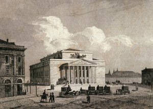 Zicht op het Bolshoi Theater in Moskou, Rusland in 1838. Gravure uit de 19e eeuw