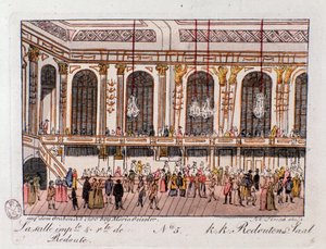 Zicht op de Keizerlijke en Koninklijke Zaal van de Redoute in Wenen, Oostenrijk. Gravure uit 1815 Privécollectie