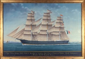 Uitzicht op de Italiaanse clipper Cosmos. 19e eeuw schilderij