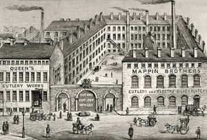 Uitzicht op de Mappin Brothers bestekfabriek in Londen. Detail van advertentie uit 1891. Gravure.