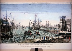 Uitzicht op de haven van Civitavecchia, stad in de Staat van de Kerk, Italië. Optisch uitzicht uit de 18e eeuw