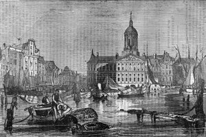 Gezicht op de stad Amsterdam en het oude stadhuis in de 19e eeuw door Unknown artist