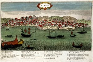 Uitzicht op de stad Lissabon in Portugal aan het einde van de 18e eeuw