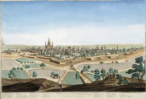 Uitzicht op de stad Milaan, Italië met de kathedraal en de vestingwerken. Gravure uit de 18e eeuw.
