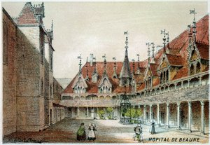 Uitzicht op de binnenplaats van de Hospices de Beaune door Unknown artist